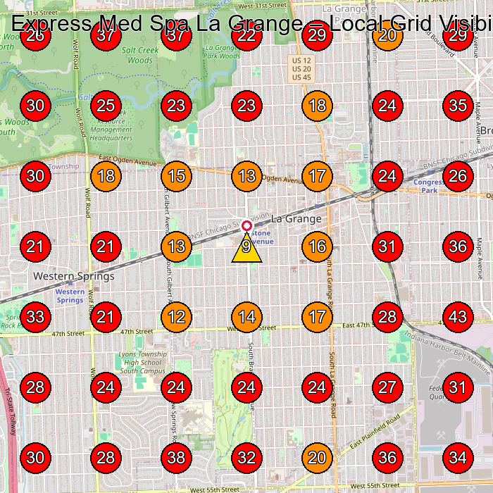Express Med Spa La Grange GeoGrid visibility map for Day Care Center in Western Springs